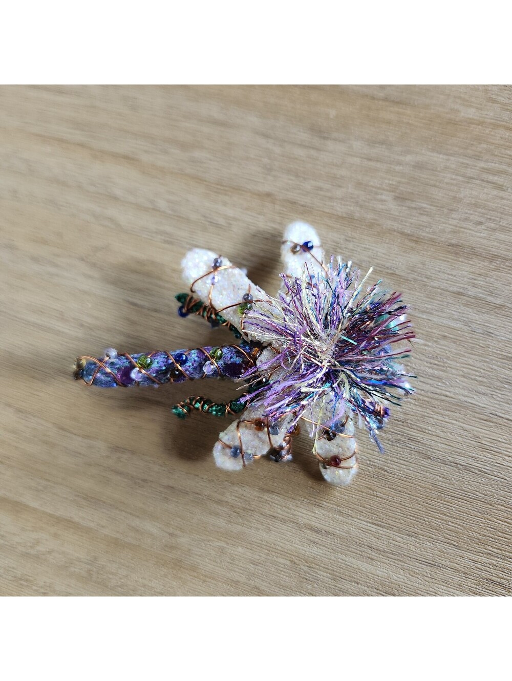 Handmade Colorful Dragonfly Brooch Pin Bronze Wire Wrap Seed Beads Sparkly